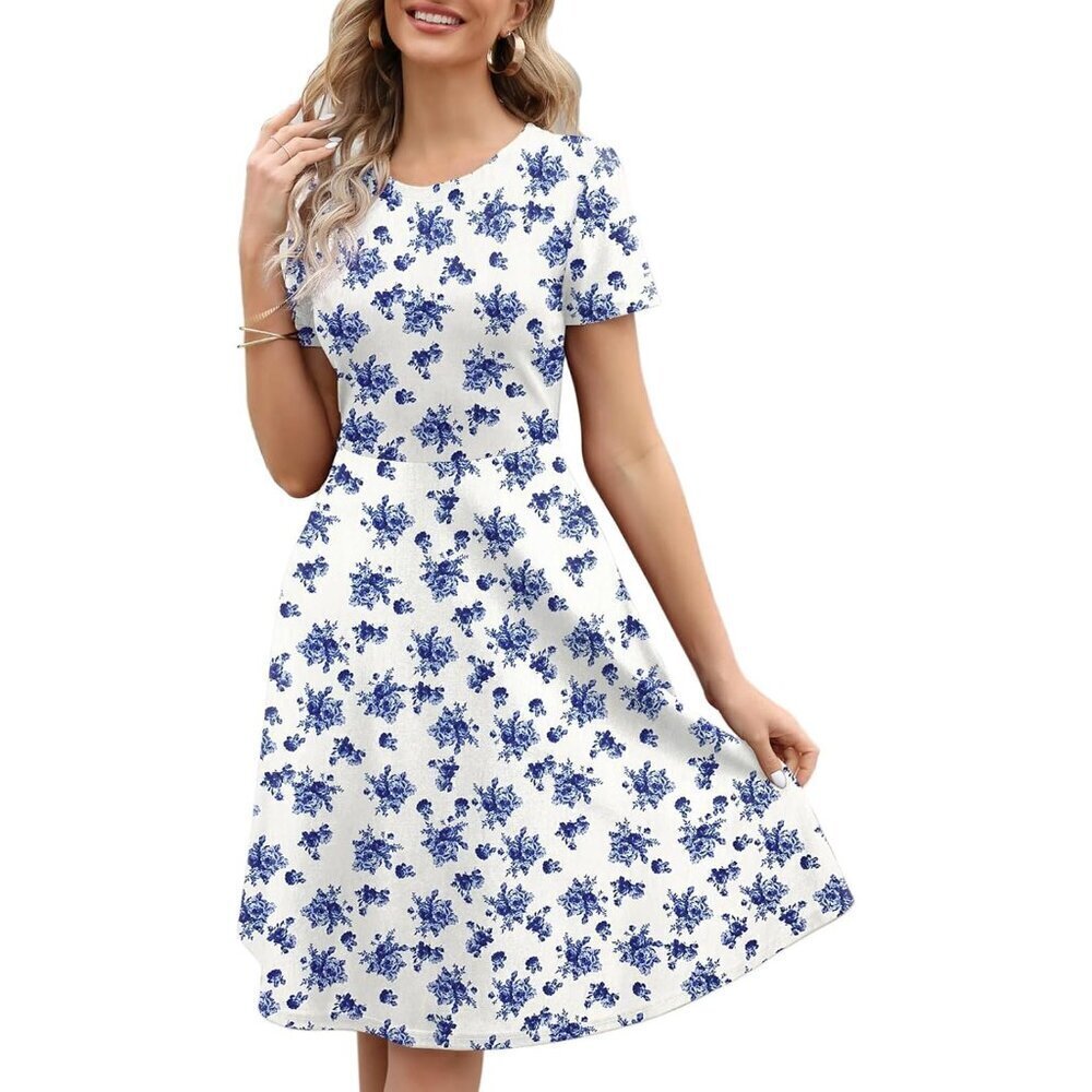 Women's White Floral Elegant Knee Length Vintage A-Line Swing Dress with Pockets